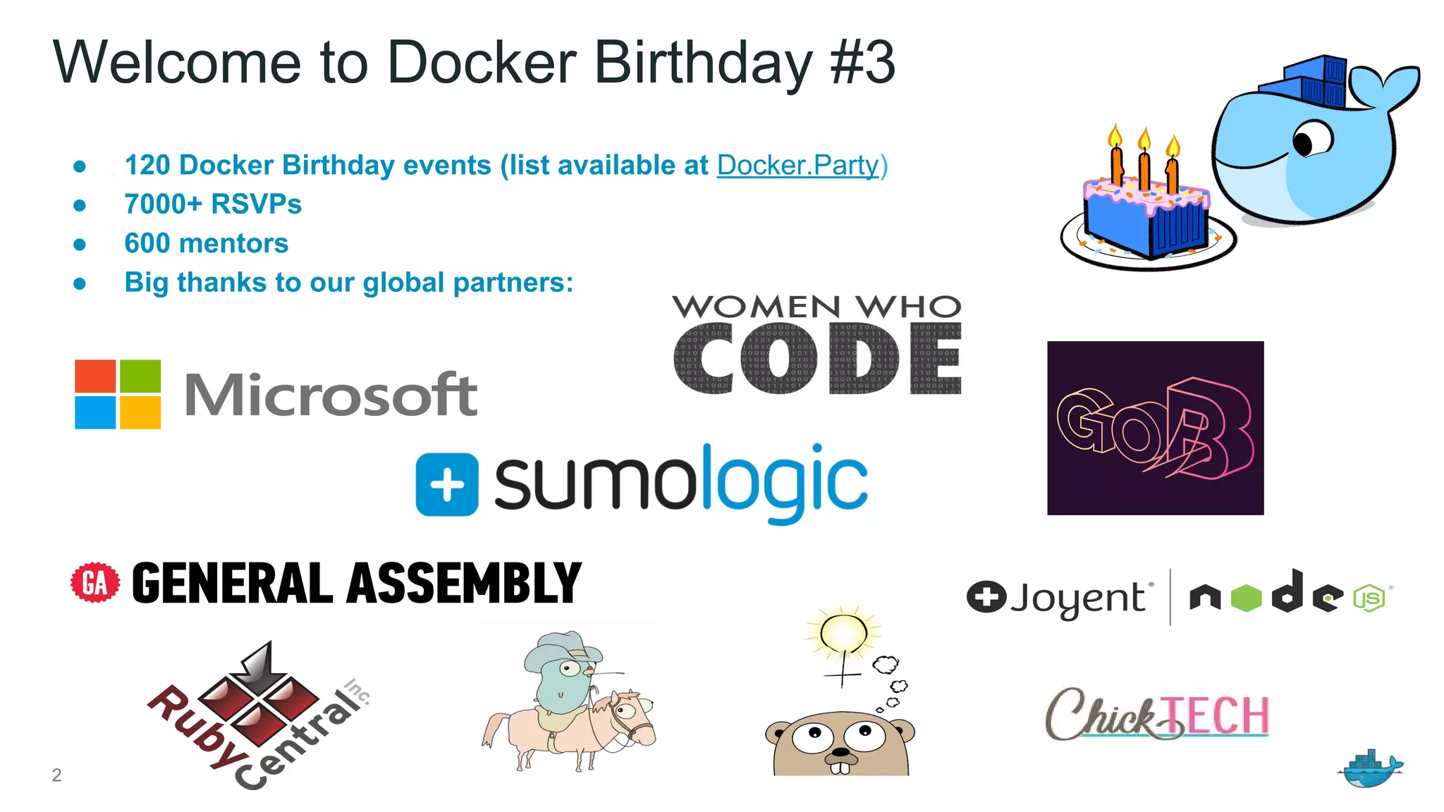 Welcome to Docker Birthday #3
● 120 Docker Birthday events (list available at Docker.Party)
● 7000+ RSVPs
● 600 mentors
● Big thanks to our global partners:
2
 