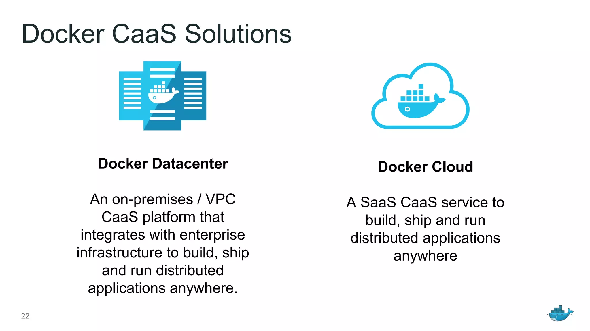 Docker CaaS Solutions
22
Docker Datacenter
An on-premises / VPC
CaaS platform that
integrates with enterprise
infrastructure to build, ship
and run distributed
applications anywhere.
Docker Cloud
A SaaS CaaS service to
build, ship and run
distributed applications
anywhere
 