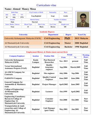 Curriculum vitae
Birth Date City/Country of Birth Nationality Race
DD MM YY
Iraq-Baghdad Iraqi Arabic
01 July 1976
Gender Marital Status Number of children
Male Married One
Scars, Marks, Tattoos Blood Type Hair Color Eye Color Height (cm)
None O-
Black Brown 185
Academic Degrees
University Department Degree Year/City
University Kebangsaan Malaysia (UKM) Civil Engineering PhD 2013/ Malaysia
Al-Mustaniriyah University Civil Engineering Master 2000/ Baghdad
Al-Mustaniriyah University Civil Engineering Bachelor 1998/ Baghdad
Employment History & Duties (most current first)
Company/Employer location Position Title
Period Working
HoursFrom To
University Kebangsaan
Malaysia (UKM)
Kuala
Lumpur
Post Doctoral
Researcher
Nov. 2013 present
Full
Time
Versar International
Assistance Projects (VIAP)
Baghdad
Quality
Assurance
engineer
Sep.2006 March.2009
Full
Time
ALAMCO Company for
Contracts
Baghdad Site engineer July.2006 Sep.2006
Full
Time
PARSONS Company Baghdad
Quality Control
Engineer
June.2005 June.2006
Full
Time
General Company for
Automobile & Machinery
trade
Baghdad Project Manager April.2002 June.2005
Full
Time
College of Engineering/
Al-Mustaniriyah
University
Baghdad Lecturer Oct.1999 April.2002
Full
Time
Engineering Consultancy
Bureau in College of
Engineering/ Al-
Mustaniriyah University
Baghdad
Consular
Engineer
Oct.2000 Oct.2001
Part
Time
Transportation & roads
researches unit College of
Engineering/ Al-
Mustaniriyah University
Baghdad
Unit Manager
(part Time)
May.2001 Jan.2001
Part
Time
Name: Ahmed Mancy Mosa
 