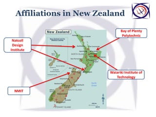 Affiliations in New Zealand
Waiariki Institute of
Technology
Bay of Plenty
Polytechnic
Natcoll
Design
Institute
NMIT
 