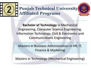 Punjab Technical University,
Affiliated Programs
Bachelor of Technology in Mechanical
Engineering, Computer Science Engineering,
Information Technology, Civil & Electronics and
Communications Engineering
Masters in Business Administration in HR, IT,
Finance & Marketing
Masters in Technology (Mechanical Engineering)
 