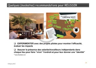 29
EXPERIMENTER avec des projets pilotes pour montrer l’efficacité,
évaluer les impacts
Assurer la présence des salariés/travailleurs indépendants dans
chaque lieu pour faire “vivre” l’endroit et pour leur donner une “identité”
**www.lifeedited.com
S.Popova,2012
 