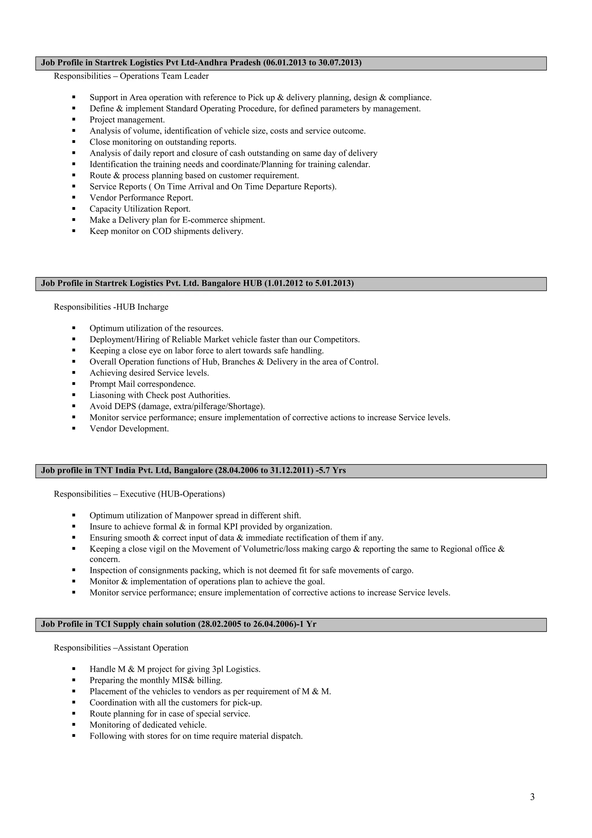 Job Profile in Startrek Logistics Pvt Ltd-Andhra Pradesh (06.01.2013 to 30.07.2013)
Responsibilities – Operations Team Leader
 Support in Area operation with reference to Pick up & delivery planning, design & compliance.
 Define & implement Standard Operating Procedure, for defined parameters by management.
 Project management.
 Analysis of volume, identification of vehicle size, costs and service outcome.
 Close monitoring on outstanding reports.
 Analysis of daily report and closure of cash outstanding on same day of delivery
 Identification the training needs and coordinate/Planning for training calendar.
 Route & process planning based on customer requirement.
 Service Reports ( On Time Arrival and On Time Departure Reports).
 Vendor Performance Report.
 Capacity Utilization Report.
 Make a Delivery plan for E-commerce shipment.
 Keep monitor on COD shipments delivery.
Job Profile in Startrek Logistics Pvt. Ltd. Bangalore HUB (1.01.2012 to 5.01.2013)
Responsibilities -HUB Incharge
 Optimum utilization of the resources.
 Deployment/Hiring of Reliable Market vehicle faster than our Competitors.
 Keeping a close eye on labor force to alert towards safe handling.
 Overall Operation functions of Hub, Branches & Delivery in the area of Control.
 Achieving desired Service levels.
 Prompt Mail correspondence.
 Liasoning with Check post Authorities.
 Avoid DEPS (damage, extra/pilferage/Shortage).
 Monitor service performance; ensure implementation of corrective actions to increase Service levels.
 Vendor Development.
Job profile in TNT India Pvt. Ltd, Bangalore (28.04.2006 to 31.12.2011) -5.7 Yrs
Responsibilities – Executive (HUB-Operations)
 Optimum utilization of Manpower spread in different shift.
 Insure to achieve formal & in formal KPI provided by organization.
 Ensuring smooth & correct input of data & immediate rectification of them if any.
 Keeping a close vigil on the Movement of Volumetric/loss making cargo & reporting the same to Regional office &
concern.
 Inspection of consignments packing, which is not deemed fit for safe movements of cargo.
 Monitor & implementation of operations plan to achieve the goal.
 Monitor service performance; ensure implementation of corrective actions to increase Service levels.
Job Profile in TCI Supply chain solution (28.02.2005 to 26.04.2006)-1 Yr
Responsibilities –Assistant Operation
 Handle M & M project for giving 3pl Logistics.
 Preparing the monthly MIS& billing.
 Placement of the vehicles to vendors as per requirement of M & M.
 Coordination with all the customers for pick-up.
 Route planning for in case of special service.
 Monitoring of dedicated vehicle.
 Following with stores for on time require material dispatch.
3
 