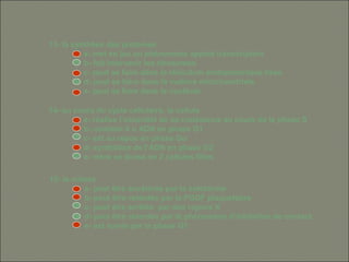 15- la mitose
a- peut être accélérée par la colchicine
b- peut être retardée par le PGDF plaquettaire
c- peut être arrêtée par des rayons X
d- peut être retardée par le phénomène d’inhibition de contact
e- est suivie par la phase G1
14- au cours du cycle cellulaire, la cellule
a- réalise l’essentiel de sa croissance au cours de la phase S
b- contient 4 n ADN en phase G1
c- est au repos en phase Go
d- synthétise de l’ADN en phase G2
e- mère se divise en 2 cellules filles
13- la synthèse des protéines
a- met en jeu un phénomène appelé transcription
b- fait intervenir les ribosomes
c- peut se faire dans le réticulum endoplasmique lisse
d- peut se faire dans la matrice mitochondriale
e- peut se faire dans le nucléole
 