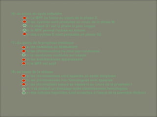 16- au cours du cycle cellulaire
a- Le MPF se forme au cours de la phase S
b- les cyclines sont produites au cours de la phase M
c- la phase G1 est la phase la plus longue
d- le MPF permet l’entrée en mitose
e- des cyclines E sont produites en phase G2
17- Au cours de la prophase mitotique
a- les centrioles se dédoublent
b- les chromosomes ne sont pas condensés
c- la membrane nucléaire est intacte
d- les kinéthochores apparaissent
e- le MPF est actif
18- au cours de la méiose
a- les chromosomes sont appariés au stade télophase
b- les chromosomes non homologues sont appariés
c- les chromatides sœurs se séparent au cours de la prophase I
d- il se produit un brassage entre chromosomes homologues
e- des cellules haploïdes sont produites à l’issue de la première division
 