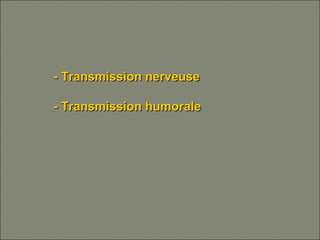 - Transmission nerveuse- Transmission nerveuse
- Transmission humorale- Transmission humorale
 