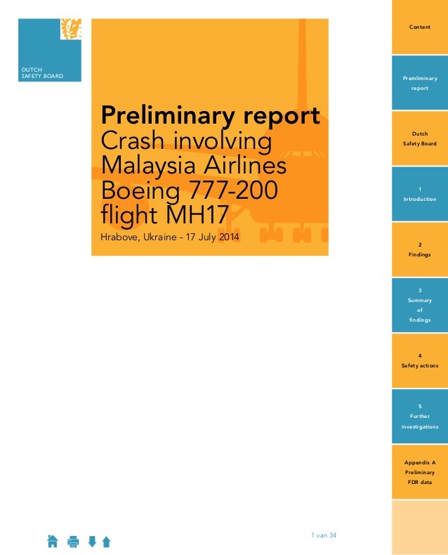 1 van 34
DUTCH
SAFETY BOARD
Preliminary report
Crash involving
Malaysia Airlines
Boeing 777-200
flight MH17
Hrabove, Ukrai...
