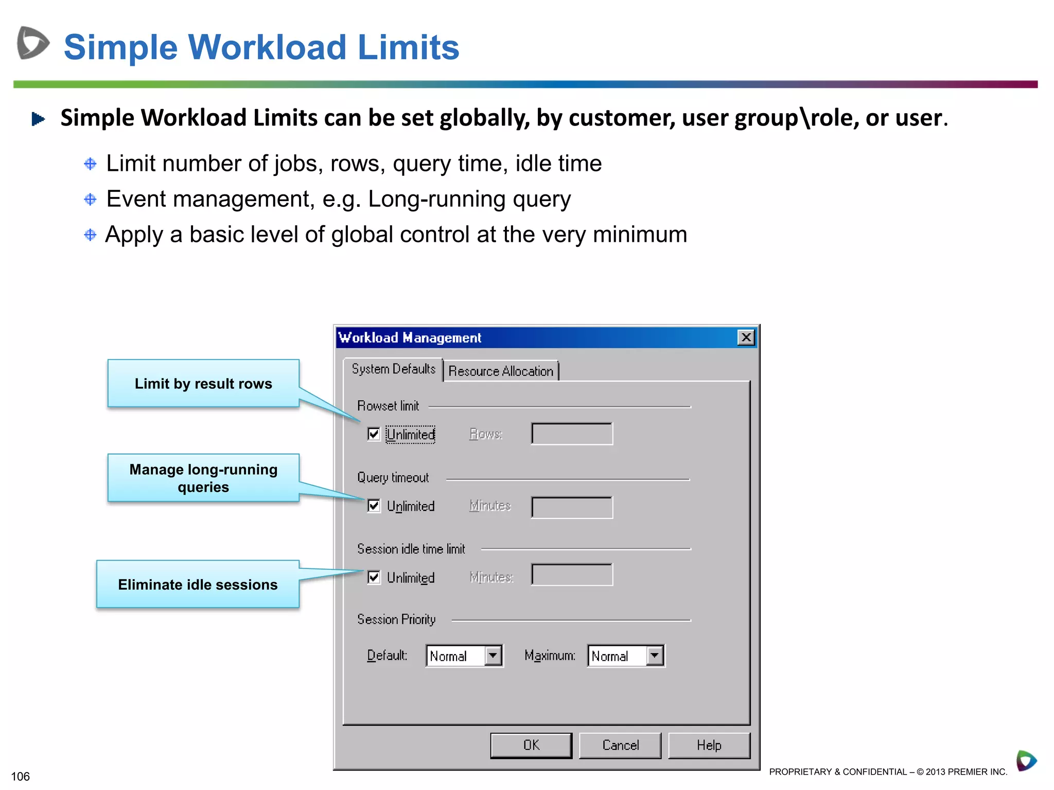 106 PROPRIETARY & CONFIDENTIAL – © 2013 PREMIER INC.
Simple Workload Limits can be set globally, by customer, user grouprole, or user.
Limit number of jobs, rows, query time, idle time
Event management, e.g. Long-running query
Apply a basic level of global control at the very minimum
Simple Workload Limits
Limit by result rows
Manage long-running
queries
Eliminate idle sessions
 