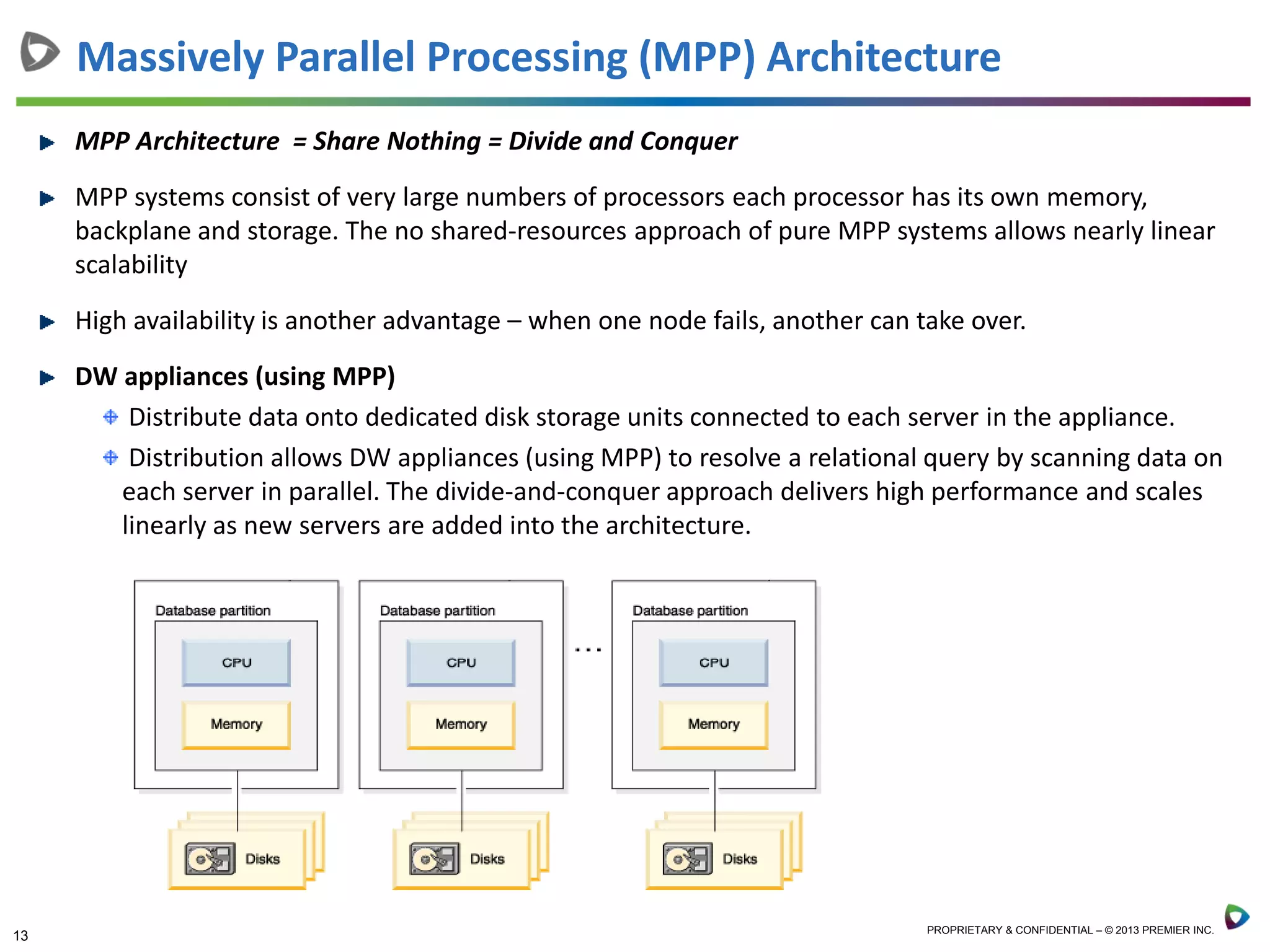 13 PROPRIETARY & CONFIDENTIAL – © 2013 PREMIER INC.
MPP Architecture = Share Nothing = Divide and Conquer
MPP systems consist of very large numbers of processors each processor has its own memory,
backplane and storage. The no shared-resources approach of pure MPP systems allows nearly linear
scalability
High availability is another advantage – when one node fails, another can take over.
DW appliances (using MPP)
Distribute data onto dedicated disk storage units connected to each server in the appliance.
Distribution allows DW appliances (using MPP) to resolve a relational query by scanning data on
each server in parallel. The divide-and-conquer approach delivers high performance and scales
linearly as new servers are added into the architecture.
Massively Parallel Processing (MPP) Architecture
 
