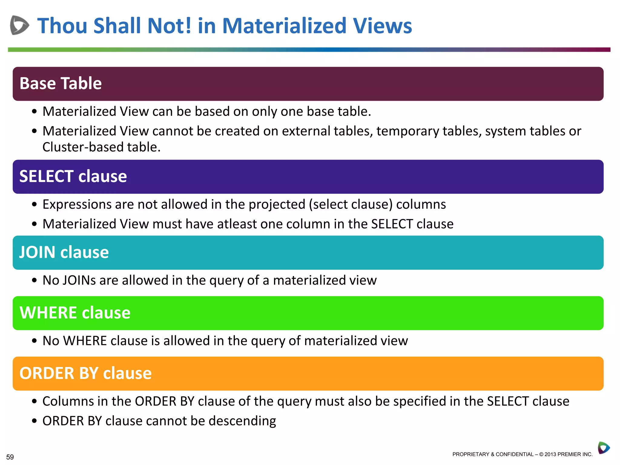59 PROPRIETARY & CONFIDENTIAL – © 2013 PREMIER INC.
Base Table
• Materialized View can be based on only one base table.
• Materialized View cannot be created on external tables, temporary tables, system tables or
Cluster-based table.
SELECT clause
• Expressions are not allowed in the projected (select clause) columns
• Materialized View must have atleast one column in the SELECT clause
JOIN clause
• No JOINs are allowed in the query of a materialized view
WHERE clause
• No WHERE clause is allowed in the query of materialized view
ORDER BY clause
• Columns in the ORDER BY clause of the query must also be specified in the SELECT clause
• ORDER BY clause cannot be descending
Thou Shall Not! in Materialized Views
 