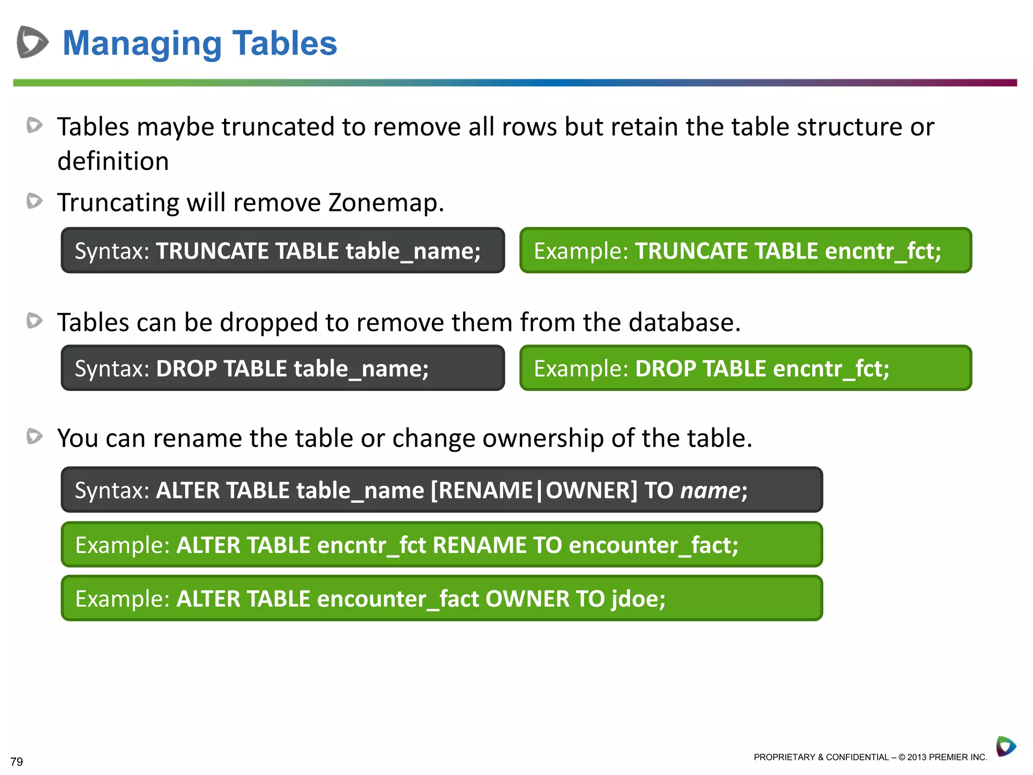 79 PROPRIETARY & CONFIDENTIAL – © 2013 PREMIER INC.
Tables maybe truncated to remove all rows but retain the table structure or
definition
Truncating will remove Zonemap.
Tables can be dropped to remove them from the database.
You can rename the table or change ownership of the table.
Managing Tables
Syntax: TRUNCATE TABLE table_name; Example: TRUNCATE TABLE encntr_fct;
Syntax: DROP TABLE table_name; Example: DROP TABLE encntr_fct;
Syntax: ALTER TABLE table_name [RENAME|OWNER] TO name;
Example: ALTER TABLE encntr_fct RENAME TO encounter_fact;
Example: ALTER TABLE encounter_fact OWNER TO jdoe;
 