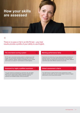 10IELTS Support Tools
The nine-band scoring system Marking performance fairly
Assessed by highly qualified examiners Global assessment criteria
IELTS uses a nine-band scoring system to measure your test
results. You will receive individual scores for each of the four
skills in listening, reading, writing and speaking, and an overall
band score on a scale of 1 (the lowest) to 9 (the highest).
Examiners do not see any of your personal details (including any
previous scores if you have sat the test before), which ensures
that they mark your performance anonymously and fairly. Different
examiners also mark different sections of your test.
Your test results are assessed by examiners who are highly
qualified and experienced English language professionals.
They work to clearly defined criteria and are subject to
extensive and detailed quality control procedures.
Your IELTS test is marked with the same assessment criteria
used all over the world. You are no more likely to receive a higher
band score in one country than another.
There is no pass or fail in an IELTS test – your test
results provide a profile of your ability to use English.
How your skills
are assessed
 