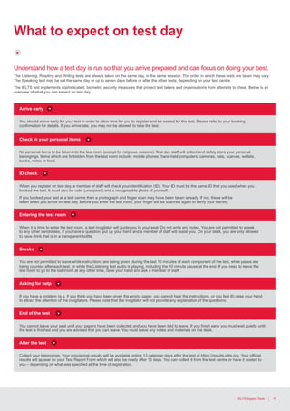 18IELTS Support Tools
What to expect on test day
Understand how a test day is run so that you arrive prepared and can focus on doing your best.
The Listening, Reading and Writing tests are always taken on the same day, in the same session. The order in which these tests are taken may vary.
The Speaking test may be sat the same day or up to seven days before or after the other tests, depending on your test centre.
The IELTS test implements sophisticated, biometric security measures that protect test takers and organisations from attempts to cheat. Below is an
overview of what you can expect on test day.
You should arrive early for your test in order to allow time for you to register and be seated for the test. Please refer to your booking
confirmation for details. If you arrive late, you may not be allowed to take the test.
Arrive early
No personal items to be taken into the test room (except for religious reasons). Test day staff will collect and safely store your personal
belongings. Items which are forbidden from the test room include: mobile phones, hand-held computers, cameras, hats, scarves, wallets,
books, notes or food.
Check in your personal items
When you register on test day, a member of staff will check your identification (ID). Your ID must be the same ID that you used when you
booked the test. It must also be valid (unexpired) and a recognisable photo of yourself.
If you booked your test at a test centre then a photograph and finger scan may have been taken already. If not, these will be
taken when you arrive on test day. Before you enter the test room, your finger will be scanned again to verify your identity.
ID check
When it is time to enter the test room, a test invigilator will guide you to your seat. Do not write any notes. You are not permitted to speak
to any other candidates. If you have a question, put up your hand and a member of staff will assist you. On your desk, you are only allowed
to have drink that is in a transparent bottle.
Entering the test room
You are not permitted to leave while instructions are being given, during the last 10 minutes of each component of the test, while papes are
being counted after each test, or while the Listening test audio is playing, including the 10 minute pause at the end. If you need to leave the
test room to go to the bathroom at any other time, raise your hand and ask a member of staff.
Breaks
If you have a problem (e.g. if you think you have been given the wrong paper, you cannot hear the instructions, or you feel ill) raise your hand
to attract the attention of the invigilators. Please note that the invigilator will not provide any explanation of the questions.
Asking for help
You cannot leave your seat until your papers have been collected and you have been told to leave. If you finish early you must wait quietly until
the test is finished and you are advised that you can leave. You must leave any notes and materials on the desk.
End of the test
Collect your belongings. Your provisional results will be available online 13 calendar days after the test at https://results.ielts.org. Your official
results will appear on your Test Report Form which will also be ready after 13 days. You can collect it from the test centre or have it posted to
you – depending on what was specified at the time of registration.
After the test
 