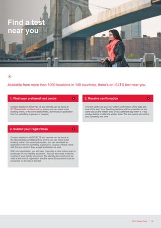 20IELTS Support Tools
1. Find your preferred test centre 3. Receive confirmation
2. Submit your registration
Contact details for all IDP IELTS test centres can be found at
IELTSessentials.com/testcentres, where you can make a test
booking online, or for some test centres, download an application
form for submitting in person or via post.
The test centre will give you written confirmation of the date and
time of the test. Your Speaking test time will be scheduled on the
same day as the written tests or on a different day within a 7-day
window before or after the written tests. The test centre will confirm
your Speaking test time.
Contact details for all IDP IELTS test centres can be found at
IELTSessentials.com/testcentres, where you can make a test
booking online. For some test centres, you can download an
application form for submitting in person or via post. Please check
with the test centre if they accept application via post.
With your application, you will need to provide a clear colour scan or
photocopy of your identity document. You will also need to list the
number of your identity document. The identity document must be
valid at the time of registration and the same ID document must be
presented on the day of the test.
Find a test
near you
Available from more than 1000 locations in 140 countries, there’s an IELTS test near you.
 