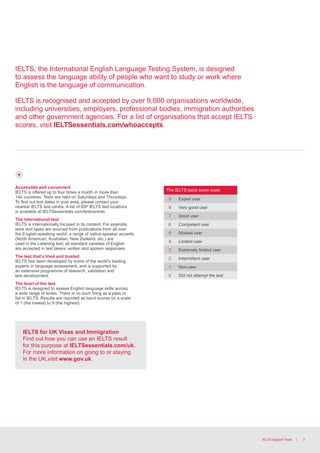 3IELTS Support Tools
IELTS for UK Visas and Immigration
Find out how you can use an IELTS result
for this purpose at IELTSessentials.com/uk.
For more information on going to or staying
in the UK,visit www.gov.uk.
The IELTS band score scale
9 Expert user
8 Very good user
7 Good user
6 Competent user
5 Modest user
4 Limited user
3 Extremely limited user
2 Intermittent user
1 Non-user
0 Did not attempt the test
IELTS, the International English Language Testing System, is designed
to assess the language ability of people who want to study or work where
English is the language of communication.
IELTS is recognised and accepted by over 9,000 organisations worldwide,
including universities, employers, professional bodies, immigration authorities
and other government agencies. For a list of organisations that accept IELTS
scores, visit IELTSessentials.com/whoaccepts.
Accessible and convenient
IELTS is offered up to four times a month in more than
140 countries. Tests are held on Saturdays and Thursdays.
To find out test dates in your area, please contact your
nearest IELTS test centre. A list of IDP IELTS test locations
is available at IELTSessentials.com/testcentres.
The international test
IELTS is internationally focused in its content. For example,
texts and tasks are sourced from publications from all over
the English-speaking world; a range of native-speaker accents
(North American, Australian, New Zealand, etc.) are
used in the Listening test; all standard varieties of English
are accepted in test takers’ written and spoken responses.
The test that’s tried and trusted
IELTS has been developed by some of the world’s leading
experts in language assessment, and is supported by
an extensive programme of research, validation and
test development.
The level of the test
IELTS is designed to assess English language skills across
a wide range of levels. There is no such thing as a pass or
fail in IELTS. Results are reported as band scores on a scale
of 1 (the lowest) to 9 (the highest).
 