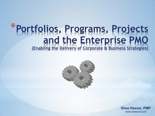 *Portfolios, Programs, Projects
and the Enterprise PMO
(Enabling the Delivery of Corporate & Business Strategies)
Shea Heaver, PMP
www.sheaver.com
 