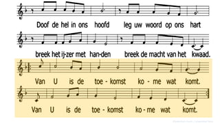 Doof de hel in ons hoofd
leg uw hand op ons hart
breek het ijzer met handen
breek de macht van het kwaad.
Van U is de toekomst
kome wat komt.
(Oosterhuis Huub / Löwenthal Tom)
 