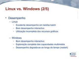 Copyright©IBS2004
Linux vs. Windows (2/5)
• Desempenho
– Linux
- Excelente desempenho em tarefas batch
- Bom desempenho interactivo
- Utilização incompleta dos recursos gráficos
– Windows
- Bom desempenho interactivo
- Exploração completa das capacidades multimédia
- Desempenho degrada-se ao longo do tempo (restart)
 