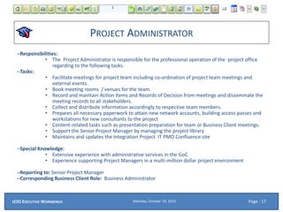 PROJECT ADMINISTRATOR
–Responsibilities:
• The Project Administrator is responsible for the professional operation of the project office
regarding to the following tasks.
–Tasks:
• Facilitate meetings for project team including co-ordination of project team meetings and
external events.
• Book meeting rooms / venues for the team.
• Record and maintain Action Items and Records of Decision from meetings and disseminate the
meeting records to all stakeholders.
• Collect and distribute information accordingly to respective team members.
• Prepares all necessary paperwork to attain new network accounts, building access passes and
workstations for new consultants to the project
• Content-related tasks such as presentation preparation for team or Business Client meetings.
• Support the Senior Project Manager by managing the project library
• Maintains and updates the Integration Project IT PMO Confluence site
–Special Knowledge:
• Extensive experience with administrative services in the GoC
• Experience supporting Project Managers in a multi-million dollar project environment
–Reporting to: Senior Project Manager
–Corresponding Business Client Role: Business Administrator
Monday, October 19, 2015ECIO EXECUTIVE WORKBENCH Page : 17
 