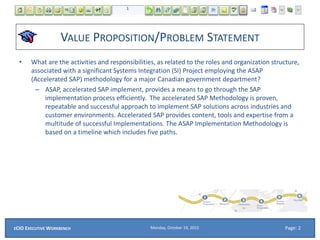 VALUE PROPOSITION/PROBLEM STATEMENT
• What are the activities and responsibilities, as related to the roles and organization structure,
associated with a significant Systems Integration (SI) Project employing the ASAP
(Accelerated SAP) methodology for a major Canadian government department?
– ASAP, accelerated SAP implement, provides a means to go through the SAP
implementation process efficiently. The accelerated SAP Methodology is proven,
repeatable and successful approach to implement SAP solutions across industries and
customer environments. Accelerated SAP provides content, tools and expertise from a
multitude of successful Implementations. The ASAP Implementation Methodology is
based on a timeline which includes five paths.
Monday, October 19, 2015ECIO EXECUTIVE WORKBENCH Page: 2
 