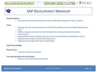 SAP DEVELOPMENT MANAGER
–Responsibilities:
• Responsible for all ABAP development for the SAP PSCD Integration Project solutions.
–Tasks:
• Manages the day to day operations for the SAP Competency Centre and ABAP development
team
• Defines, manages and owns the SAP development, testing and production system
environments
• Responsible for detail schedule plans for all environment build and development efforts
• Supports and manages the SAP operating system
• Supports and manages SAP system optimization
–Special Knowledge:
–Reporting to:
• Director, Commercial Systems
–Corresponding Business Client Role:
• Business Client operations department
Monday, October 19, 2015ECIO EXECUTIVE WORKBENCH
Page : 31
Page : 31
 