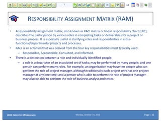 RESPONSIBILITY ASSIGNMENT MATRIX (RAM)
• A responsibility assignment matrix, also known as RACI matrix or linear responsibility chart (LRC),
describes the participation by various roles in completing tasks or deliverables for a project or
business process. It is especially useful in clarifying roles and responsibilities in cross-
functional/departmental projects and processes.
• RACI is an acronym that was derived from the four key responsibilities most typically used:
– Responsible, Accountable, Consulted, and Informed.
• There is a distinction between a role and individually identified people:
– a role is a descriptor of an associated set of tasks; may be performed by many people; and one
person can perform many roles. For example, an organisation may have ten people who can
perform the role of project manager, although traditionally each project only has one project
manager at any one time; and a person who is able to perform the role of project manager
may also be able to perform the role of business analyst and tester.
Monday, October 19, 2015ECIO EXECUTIVE WORKBENCH Page : 33
 