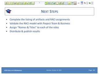 NEXT STEPS
• Complete the listing of artifacts and RACI assignments
• Validate the RACI model with Project Team & Business
• Assign “Names & Titles” to each of the roles
• Distribute & publish results
Monday, October 19, 2015ECIO EXECUTIVE WORKBENCH Page : 40
 