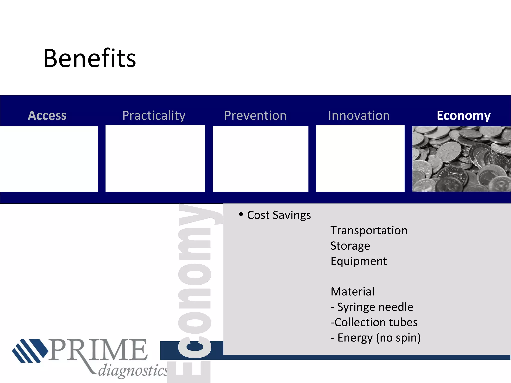 Benefits
Access Practicality Prevention Innovation Economy
• Cost Savings
Transportation
Storage
Equipment
Material
- Syringe needle
-Collection tubes
- Energy (no spin)
 