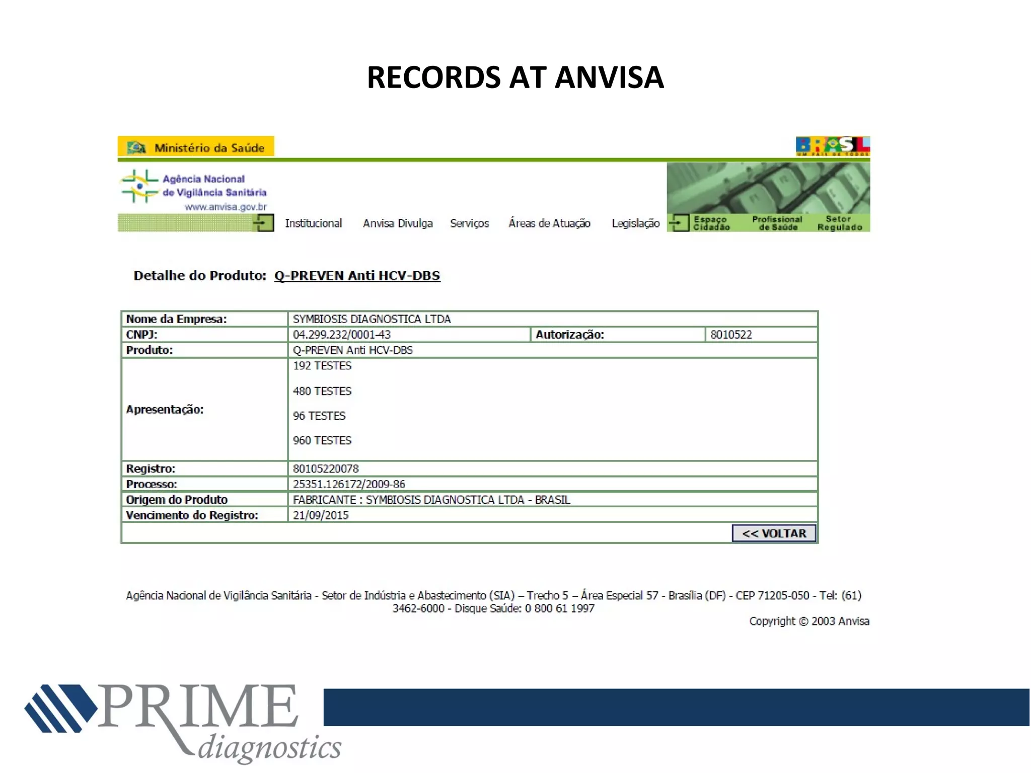 RECORDS AT ANVISA
 