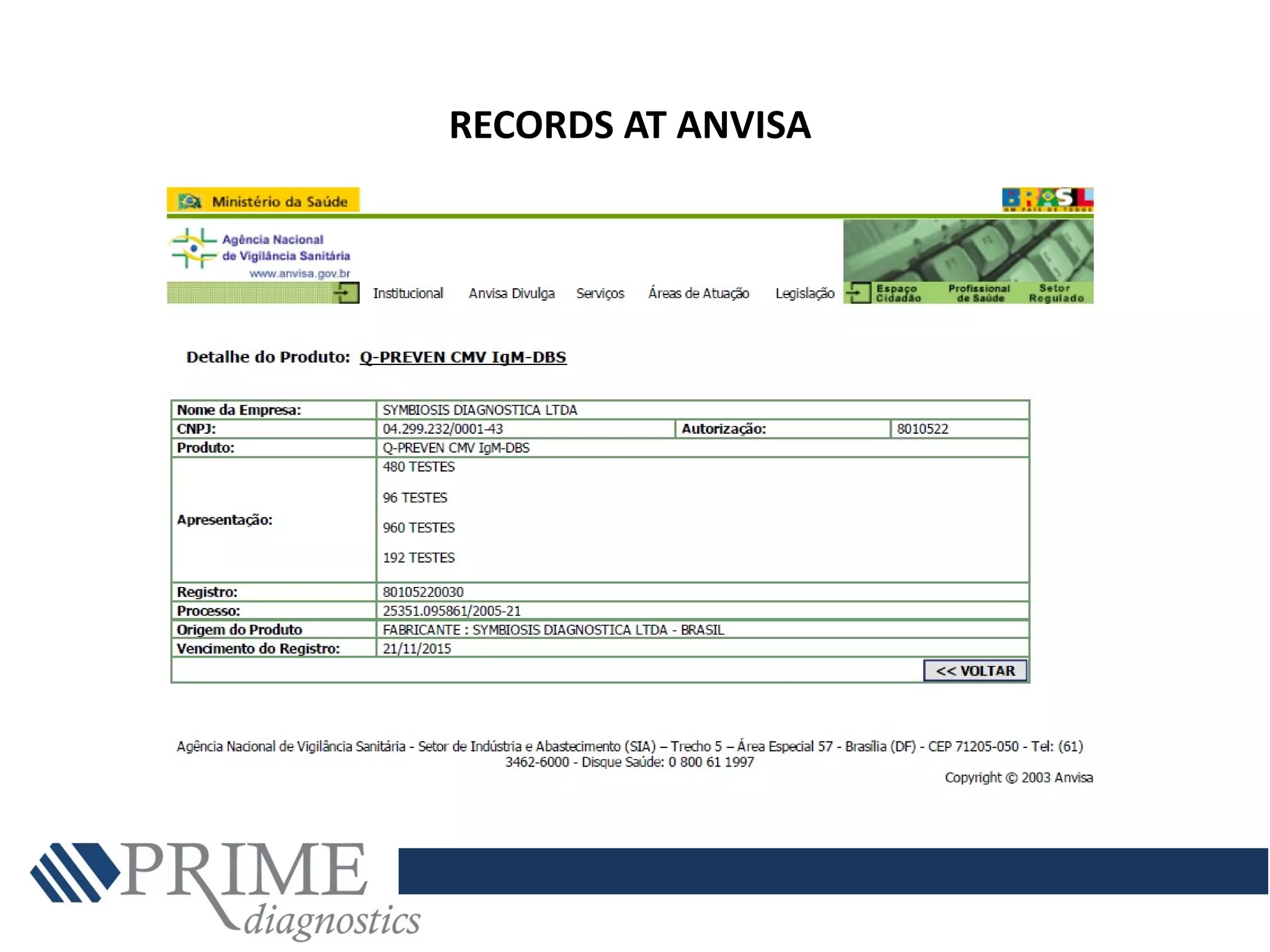 RECORDS AT ANVISA
 