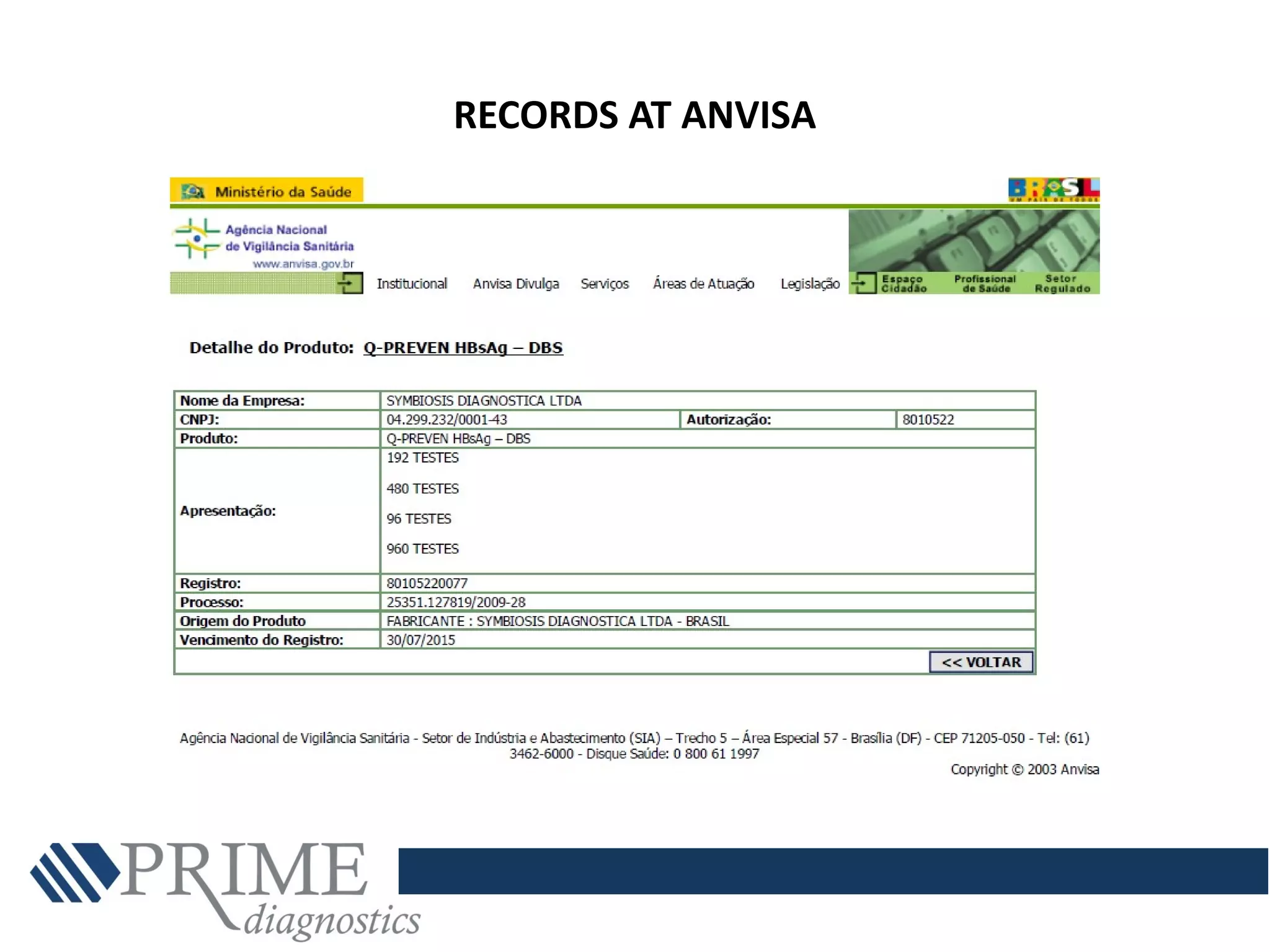 RECORDS AT ANVISA
 