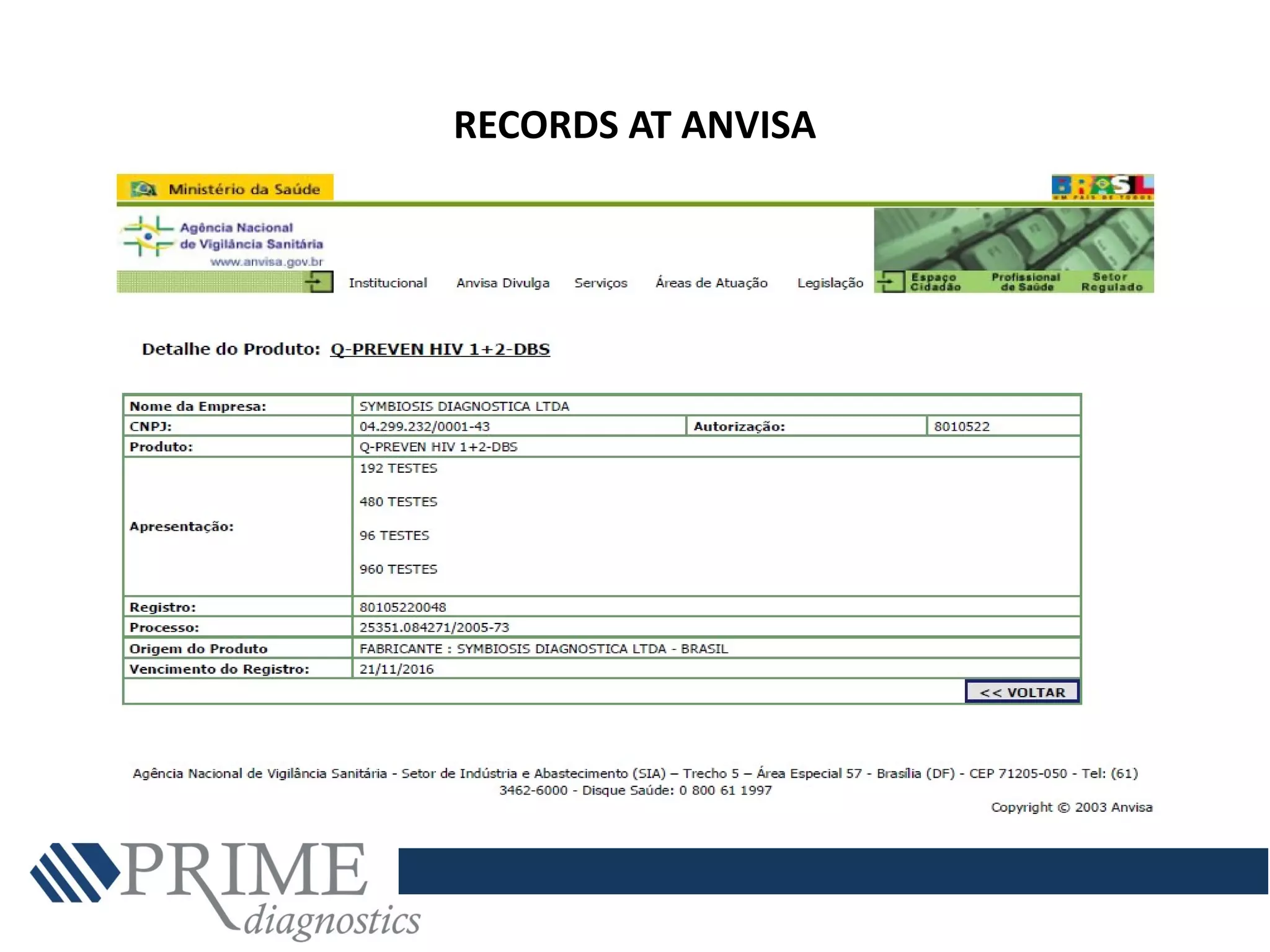 RECORDS AT ANVISA
 