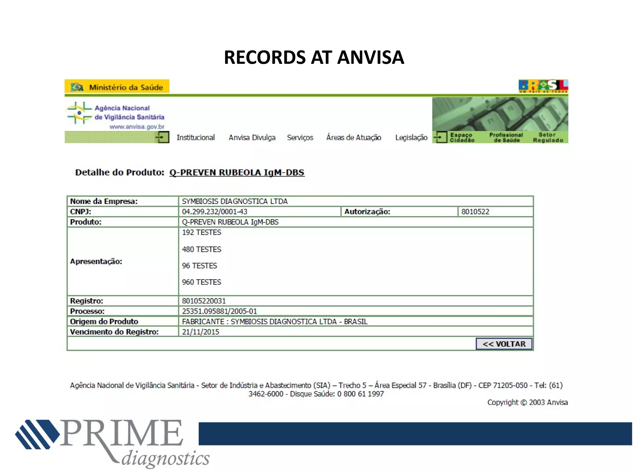 RECORDS AT ANVISA
 