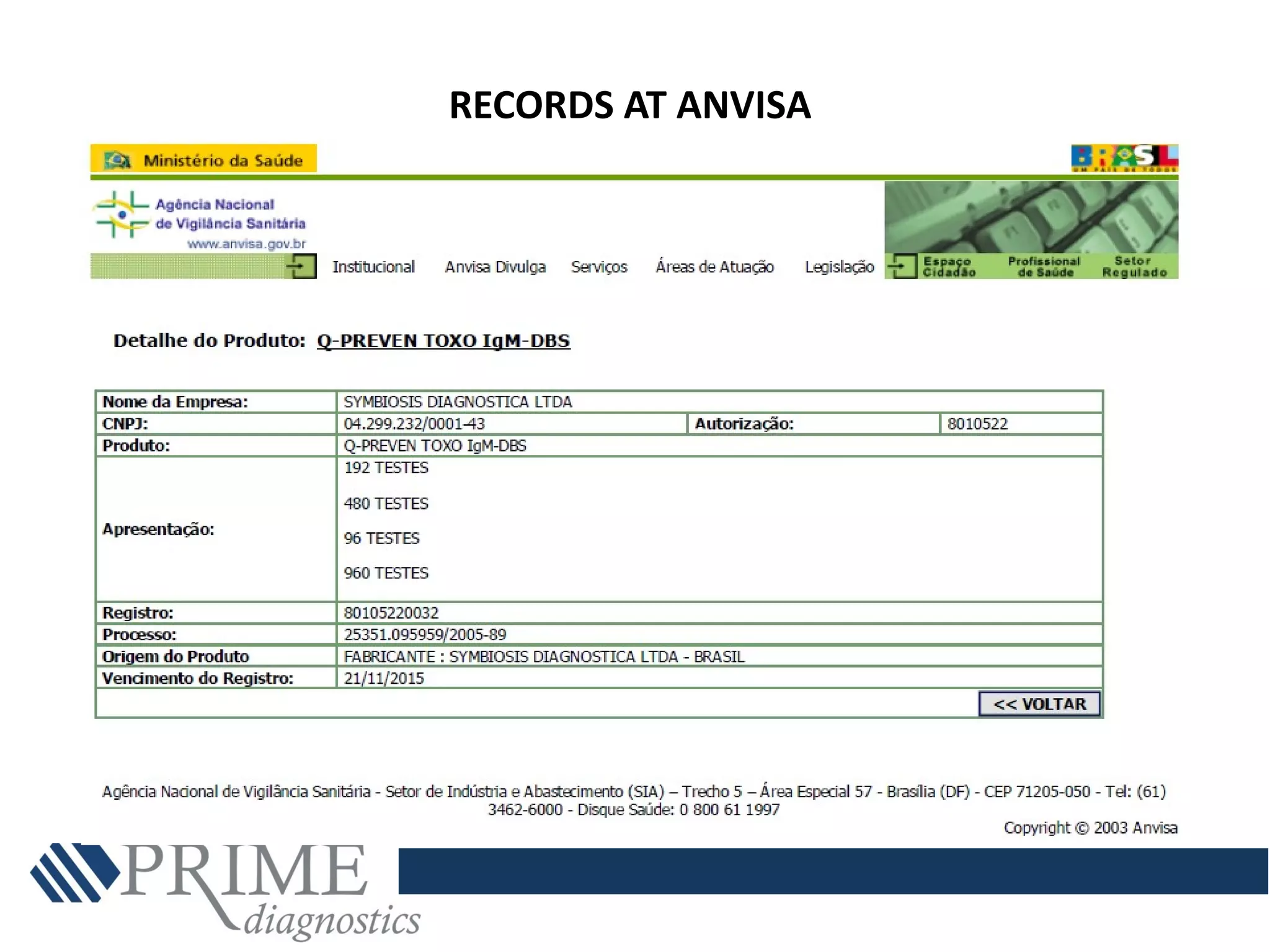 RECORDS AT ANVISA
 