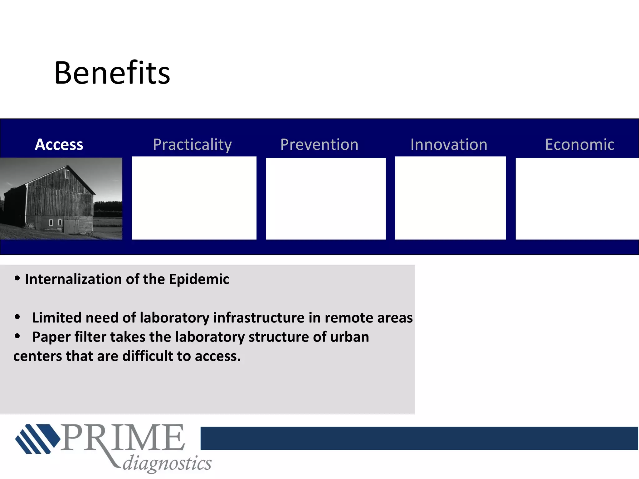 Access Practicality Prevention Innovation Economic
• Internalization of the Epidemic
• Limited need of laboratory infrastructure in remote areas
• Paper filter takes the laboratory structure of urban
centers that are difficult to access.
Benefits
 