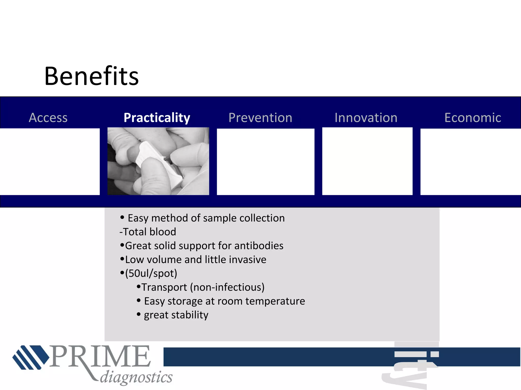 • Easy method of sample collection
-Total blood
•Great solid support for antibodies
•Low volume and little invasive
•(50ul/spot)
•Transport (non-infectious)
• Easy storage at room temperature
• great stability
Access Practicality Prevention Innovation Economic
Benefits
 