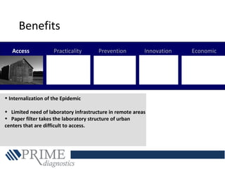 Access Practicality Prevention Innovation Economic
• Internalization of the Epidemic
• Limited need of laboratory infrastructure in remote areas
• Paper filter takes the laboratory structure of urban
centers that are difficult to access.
Benefits
 