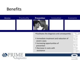 Access Practicality Prevention Innovation Economic
•Facilitates the diagnosis and consequently:
• Immediate treatment and reduction of
severe cases
• Increasing opportunities of
prevention
• Decrease in costs with
assistance
Benefits
 
