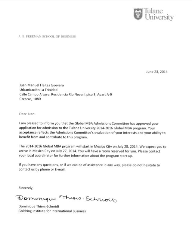 Global MBA Admission Letter - Tulane University