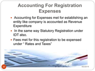 Accounting For Registration
Expenses
 Accounting for Expenses met for establishing an
entity like company is accounted as Revenue
Expenditure
 In the same way Statutory Registration under
IDT also.
 Fees met for this registration to be expensed
under “ Rates and Taxes”
9/2/201420
 