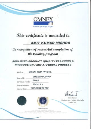 Omnex Certification in APQP & PPAP