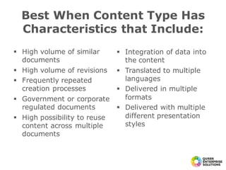 § High volume of similar
documents
§ High volume of revisions
§ Frequently repeated
creation processes
§ Government or corporate
regulated documents
§ High possibility to reuse
content across multiple
documents
Best When Content Type Has
Characteristics that Include:
§ Integration of data into
the content
§ Translated to multiple
languages
§ Delivered in multiple
formats
§ Delivered with multiple
different presentation
styles
 