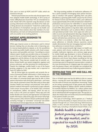 JANUARY/FEBRUARY2016
20
Care, uses it to look up HCPC and CPT® codes, which are
essential to her job.
Infusion practitioners are not the only clinical experts who
have adopted mobile health technology. A 2013 survey of
nearly 3,000 physicians found that 74% use smartphones at
work. Nearly half (43%) reported using the devices to look
up drug information and about one-third (31%) make pre-
scribing decisions by smartphone.6
Aside from underscoring
the prevalence of smartphone and app use by health care
practitioners, these statistics show that members of a mul-
tidisciplinary care team are well-positioned to communicate
with one another on an evolving platform.
	
Patient Apps Designed to
Improve Care
While apps improve access to information used in clinical
decision making, they can also play a role in improving care.
As internet-based platforms expand, so do the possibilities
for combining mobile health solutions with cloud comput-
ing, sensors and wearables, and more.2
According to a recent
industry report, health care providers show an increased in-
terest in the use of mobile health apps for improving patient
engagement and the delivery of care, but barriers remain to
full adoption. These barriers include lack of scientific evi-
dence, limited health care system integration, regulator and
privacy unknowns, and few provisions for reimbursement. 2
Despite the challenges, mobile health is one of the fastest
growing categories in the app market, and is expected to
reach $31 billion by 2020.7
Not all clinical apps are successful, and certainly the se-
curity of protected health information is chief among con-
cerns that could thwart adoption. Device manufacturers
and makers of consumer-based apps may be able to share
patient information with third-party advertisers—and many
users may be surprised to learn that data used on these apps
outside a health care setting is not protected.8
Even when a
patient’s medical information is protected, an app’s software
could contain security flaws, or be hacked. Data contained
on smartphones, tablets, and laptops, which are easy to
steal, is also at risk, point out experts.8
Many app users still
harbor doubts over security and appropriate use of personal
health information collected by apps still remains fairly high.
Three-quarters (76%) of home infusion professionals report-
ed feeling “strongly” or “somewhat” concerned.5
See Exhibit
3 for features of clinical apps that are most effective.
Exhibit 3
5 Features of Effective
Clinical App
1.	 Leverages smartphone capabilities
2.	 Links to external sensors
3.	 Incorporates alerts and reminders
4.	 Graphically displays user data
5.	 Data is transmitted securely
Source: IMS Health
The long-standing problem of medication adherence of-
fers a prime example of leveraging smart phone function-
ality to interface with patients regarding their care plans.
Identified as a growing public health concern by the Centers
for Disease Control and Prevention (CDC), poor adherence
causes approximately 33% to 69% of medication-related hos-
pitalizations and accounts for $100 billion in annual health
care costs.9
Now a cadre of apps offer reminders for next dos-
es and refills; allow patients to log doses taken; and provide
medication information, such as adverse effects, toxicities,
and specialized provider notes. Some apps even allow pro-
viders to access and upload patient data logs, integrate med-
ication lists with specific drug information, and connect the
patient with pharmacy and primary care contacts.10
While there is no evidence to date that these apps im-
prove adherence or clinically relevant outcomes, several
studies demonstrate that text messaging improved medica-
tion adherence in several chronic conditions.11
Due to their proportionately high impact on health care
costs, patients with chronic conditions, who are often on
complex medication regimens, are a primary target group
for mobile health app developers. In terms of business po-
tential, diabetes leads the way with obesity, hypertension,
depression, and chronic heart disease rounding out the top
five disease states targeted for innovation. Follow-up and
monitoring as part of the general treatment plan is viewed as
the most promising way to integrate apps into patient care
with the greatest impact, and reminders are considered the
most easily implemented way of affecting patient behavior.7
Download This App and Call Me
in the Morning
One in 10 health apps now has the ability to link to a sensor
device—moving the trend that began with fitness trackers
into the realm of clinical care and patient monitoring.2
Today
we are seeing a growing pool of apps paired with wearable
technology designed to address specific medical problems.
For example, BlueStar by WellDoc, Inc. collects patient data
via a connected glucose monitor, and uses algorithms to cre-
ate an individualized self-management plan. The app also an-
alyzes the medical data and sends clinical recommendations
to the patient’s health care team.
This type of technology, which operates as a “medical
device” and has the ability to impact clinical care, must be
cleared through the U.S. Food and Drug Administration
(FDA). In 2014, the FDA cleared about two dozen digital
health apps, including a smartphone-based inhaler, a sys-
Mobile health is one of the
fastest growing categories
in the app market, and is
expected to reach $31 billion
by 2020.
 