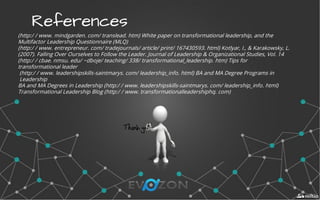 ReferencesReferences
(http:/ / www. mindgarden. com/ translead. htm) White paper on transformational leadership, and the
Multifactor Leadership Questionnaire (MLQ)
(http:/ / www. entrepreneur. com/ tradejournals/ article/ print/ 167430593. html) Kotlyar, I., & Karakowsky, L.
(2007). Falling Over Ourselves to Follow the Leader. Journal of Leadership & Organizational Studies, Vol. 14
(http:/ / cbae. nmsu. edu/ ~dboje/ teaching/ 338/ transformational_leadership. htm) Tips for
transformational leader
(http:/ / www. leadershipskills-saintmarys. com/ leadership_info. html) BA and MA Degree Programs in
Leadership
BA and MA Degrees in Leadership (http:/ / www. leadershipskills-saintmarys. com/ leadership_info. html)
Transformational Leadership Blog (http:/ / www. transformationalleadershiphq. com)
 