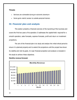 18
Threats
 Services are vulnerable during an economic downturn
 Some gyms restrict access to outside personal trainers
IV. Financial plan and analysis
This section presents a financial overview of the launching of the business and
covers the first two years of its operation. It addresses the capital that’s required for a
smooth operation, sales forecasts, expense forecasts, profit and return on investment
projections.
The aim of the financial plan is to study and analyze the initial critical period to
ensure it is planned properly and to extend the projections until the project has shown
its viability and met its goals. A 2-year financial projection and analysis is included in
this study to achieve these objectives.
Monthly revenue forecast:
$0
$2,000
$4,000
$6,000
$8,000
$10,000
$12,000
1 3 5 7 9 11 13 15 17 19 21 23
Month
Monthly Revenue
 