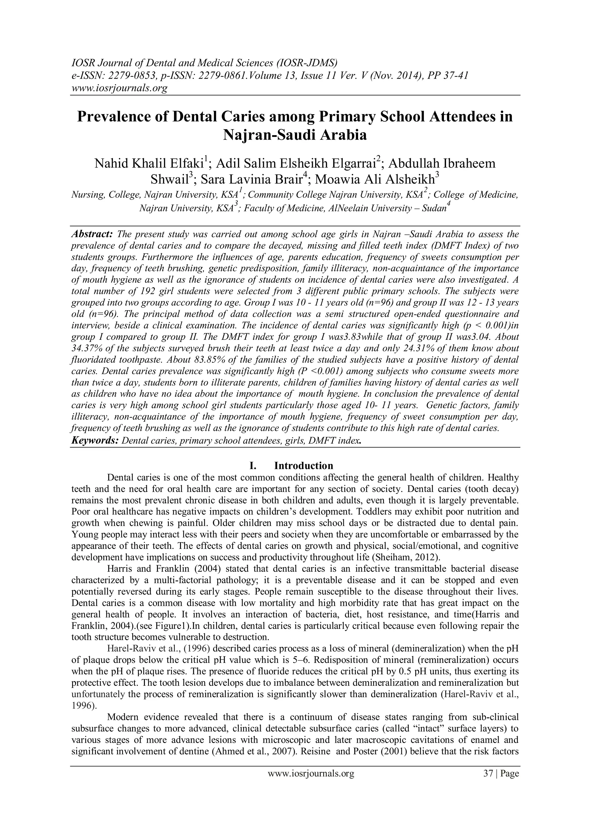 Elfaki et al. - 2014 - Prevalence of Dental Caries among Primary School ...