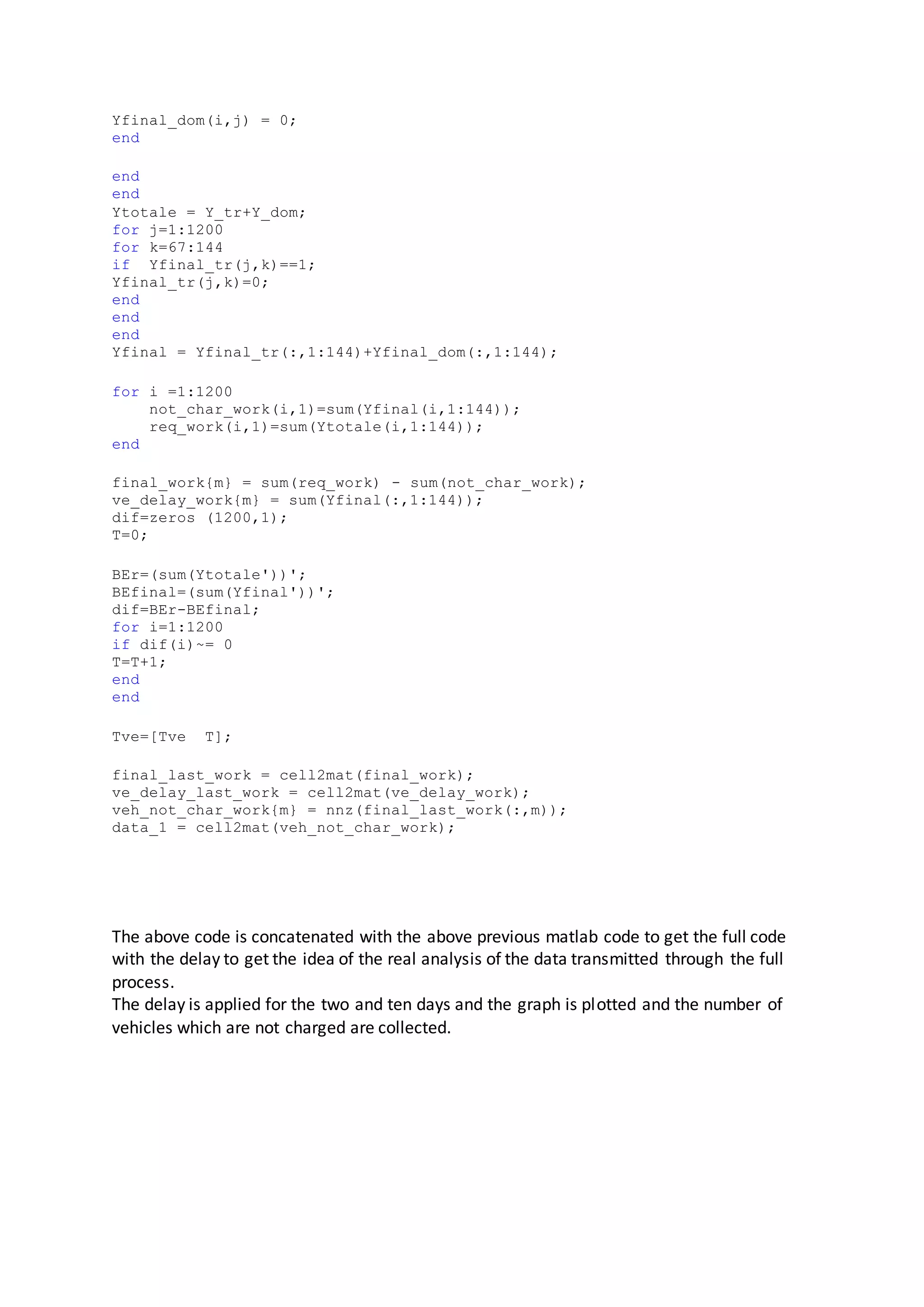 Yfinal_dom(i,j) = 0;
end
end
end
Ytotale = Y_tr+Y_dom;
for j=1:1200
for k=67:144
if Yfinal_tr(j,k)==1;
Yfinal_tr(j,k)=0;
end
end
end
Yfinal = Yfinal_tr(:,1:144)+Yfinal_dom(:,1:144);
for i =1:1200
not_char_work(i,1)=sum(Yfinal(i,1:144));
req_work(i,1)=sum(Ytotale(i,1:144));
end
final_work{m} = sum(req_work) - sum(not_char_work);
ve_delay_work{m} = sum(Yfinal(:,1:144));
dif=zeros (1200,1);
T=0;
BEr=(sum(Ytotale'))';
BEfinal=(sum(Yfinal'))';
dif=BEr-BEfinal;
for i=1:1200
if dif(i)~= 0
T=T+1;
end
end
Tve=[Tve T];
final_last_work = cell2mat(final_work);
ve_delay_last_work = cell2mat(ve_delay_work);
veh_not_char_work{m} = nnz(final_last_work(:,m));
data_1 = cell2mat(veh_not_char_work);
The above code is concatenated with the above previous matlab code to get the full code
with the delay to get the idea of the real analysis of the data transmitted through the full
process.
The delay is applied for the two and ten days and the graph is plotted and the number of
vehicles which are not charged are collected.
 
