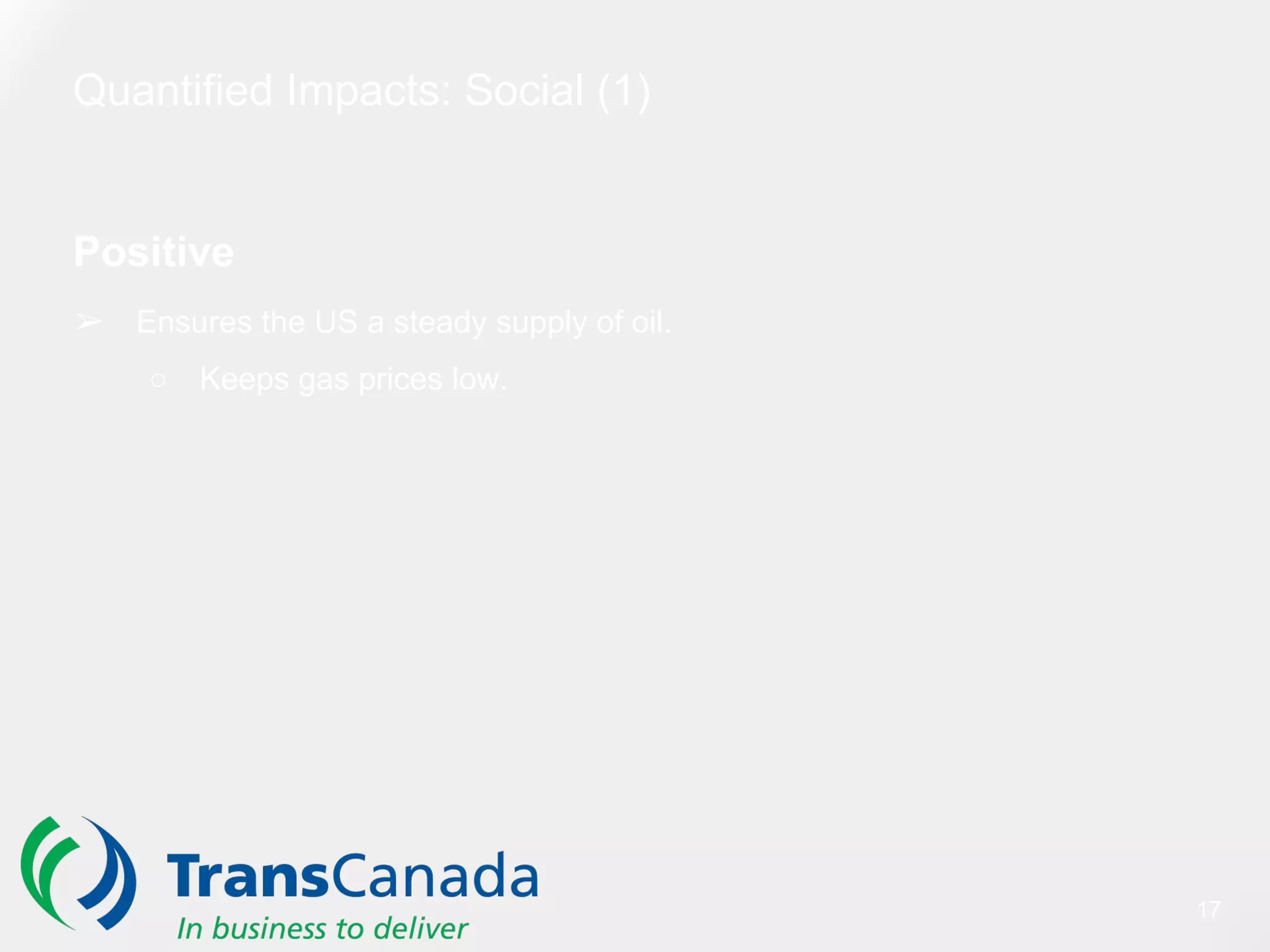 Quantified Impacts: Social (1)
Positive
➢ Ensures the US a steady supply of oil.
○ Keeps gas prices low.
17
 