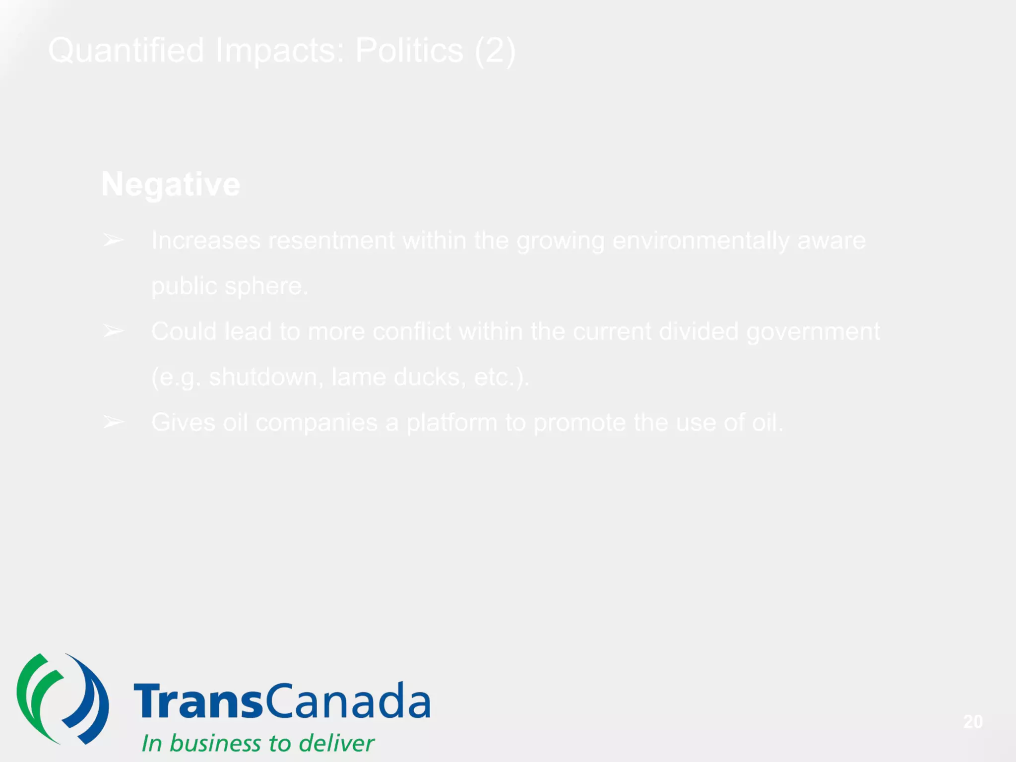 Quantified Impacts: Politics (2)
20
Negative
➢ Increases resentment within the growing environmentally aware
public sphere.
➢ Could lead to more conflict within the current divided government
(e.g. shutdown, lame ducks, etc.).
➢ Gives oil companies a platform to promote the use of oil.
 