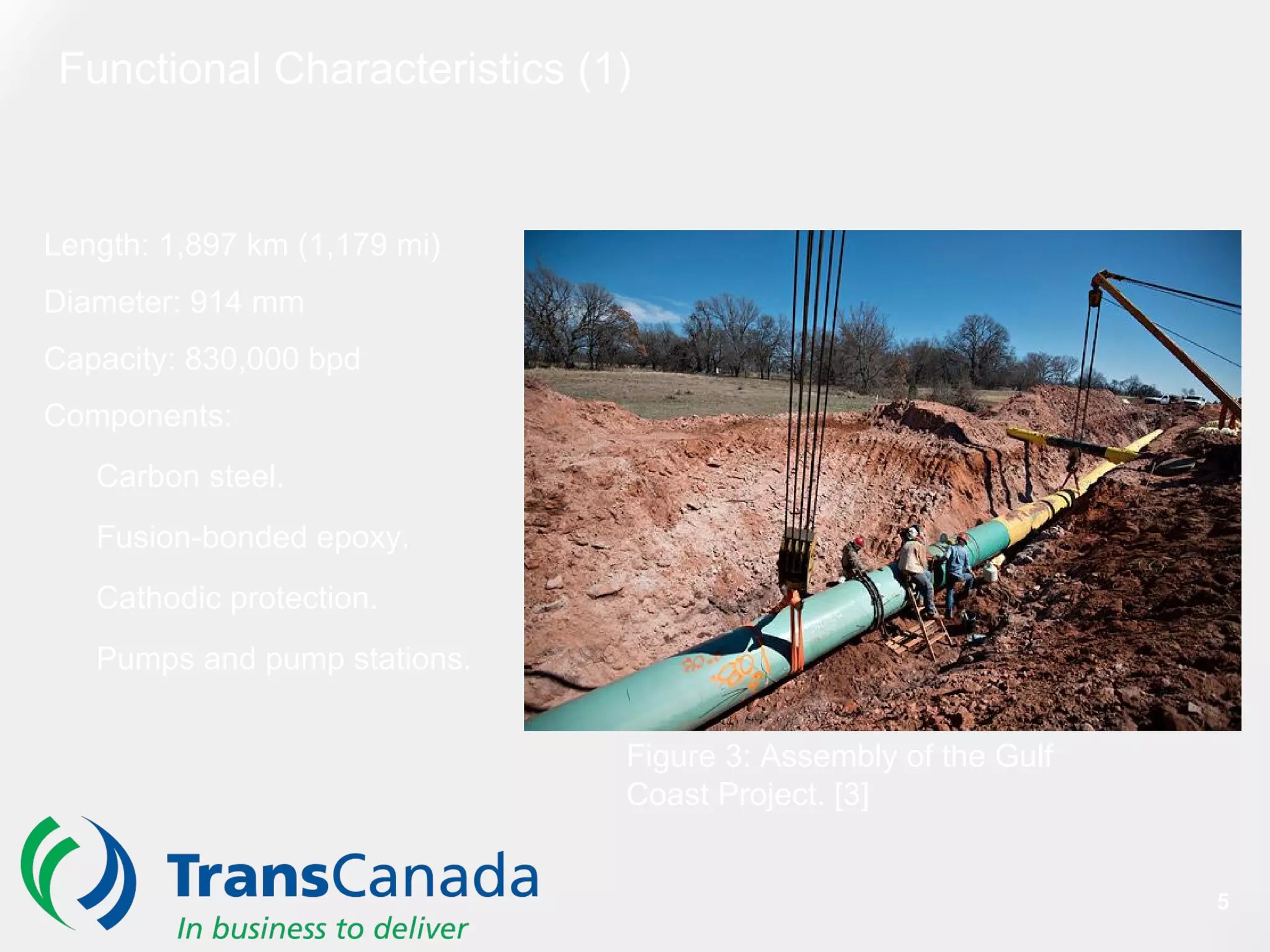 Functional Characteristics (1)
Length: 1,897 km (1,179 mi)
Diameter: 914 mm
Capacity: 830,000 bpd
Components:
Carbon steel.
Fusion-bonded epoxy.
Cathodic protection.
Pumps and pump stations.
5
Figure 3: Assembly of the Gulf
Coast Project. [3]
 